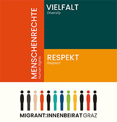 Graphic featuring the words 'Human Rights', 'Diversity', and 'Respect' in different colors, accompanied by a row of stylized figures and the text 'MIGRANT:INNENBEIRAT GRAZ'.